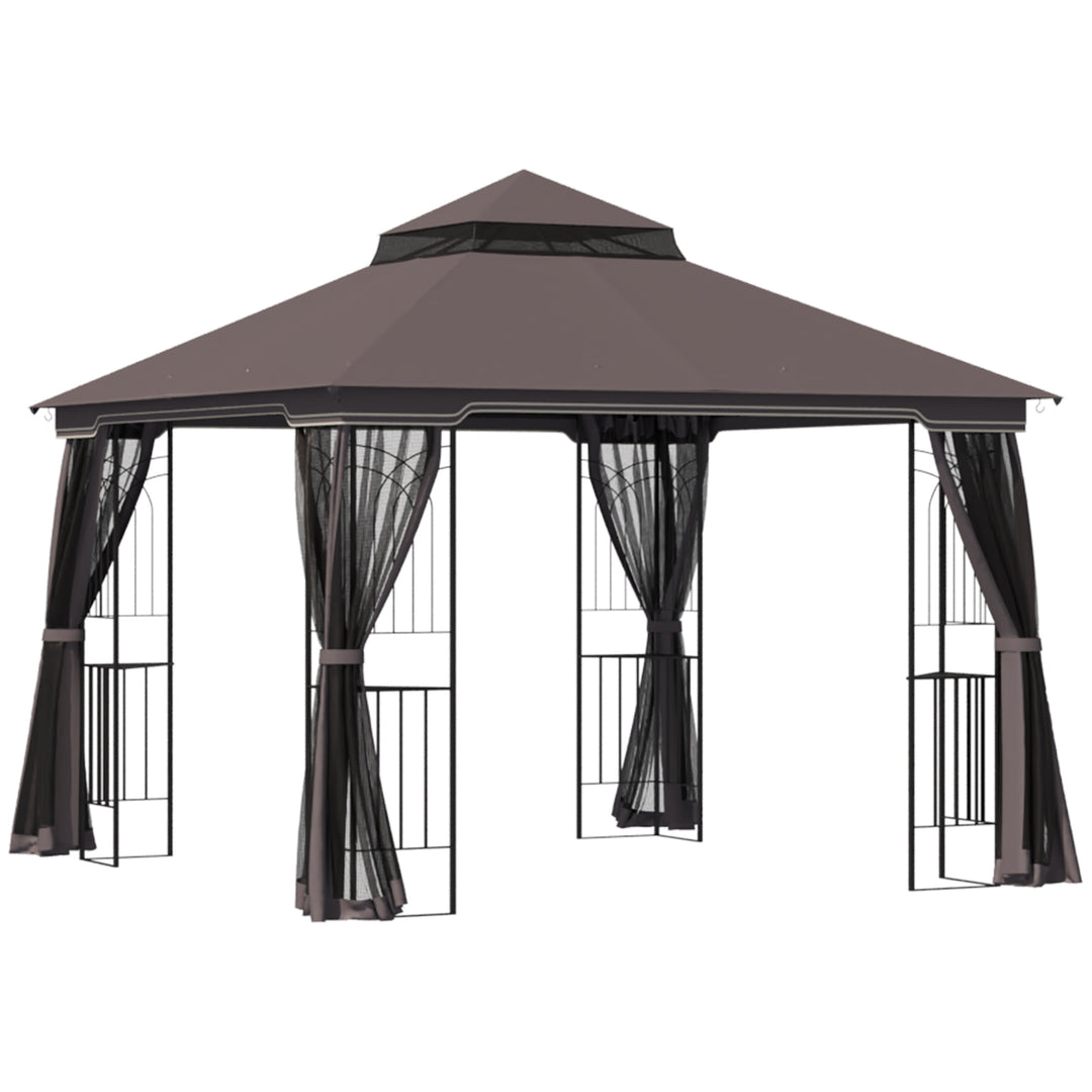Outsunny 10'x10' Soft-top Patio Gazebo with Double Tier Roof, Mesh Curtains, Display Shelves, Top Hooks, Coffee