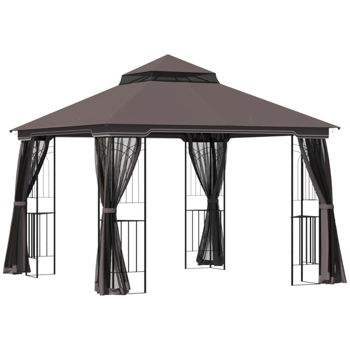 Outsunny 10'x10' Soft-top Patio Gazebo with Double Tier Roof, Mesh Curtains, Display Shelves, Top Hooks, Coffee