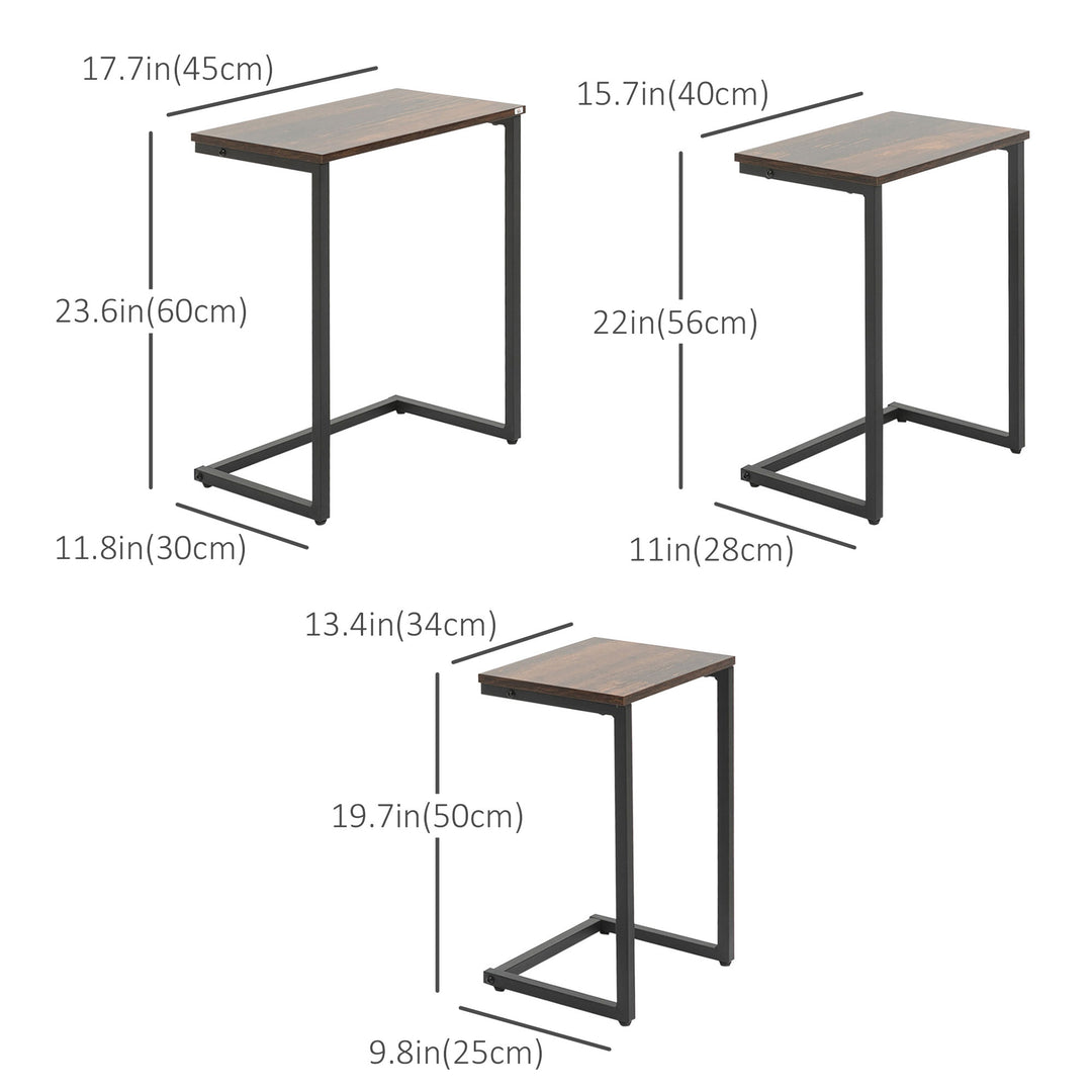 HOMCOM Nesting End Tables Set of 3, Industrial C-Shaped Snack Side Table with Steel Frame for Sofa Couch, Bed, Living Room, Rustic Brown