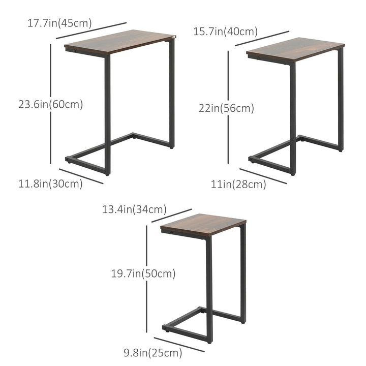 HOMCOM Nesting End Tables Set of 3, Industrial C-Shaped Snack Side Table with Steel Frame for Sofa Couch, Bed, Living Room, Rustic Brown