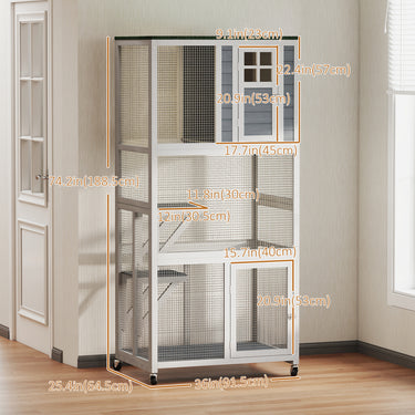 PawHut 74" Wooden Outdoor Cat House Weatherproof & Wheeled with High Weight Capacity, Kitten Cage Condo, White