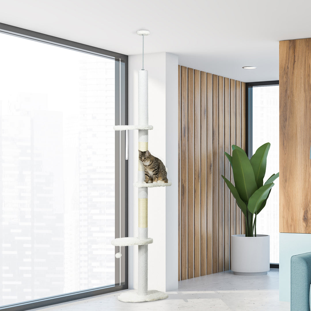 PawHut 88.5"-100.5" Floor to Ceiling Cat Tree, Cat Tower with Scratching Posts, Cloud Shaped Platforms, Dangling Balls, White