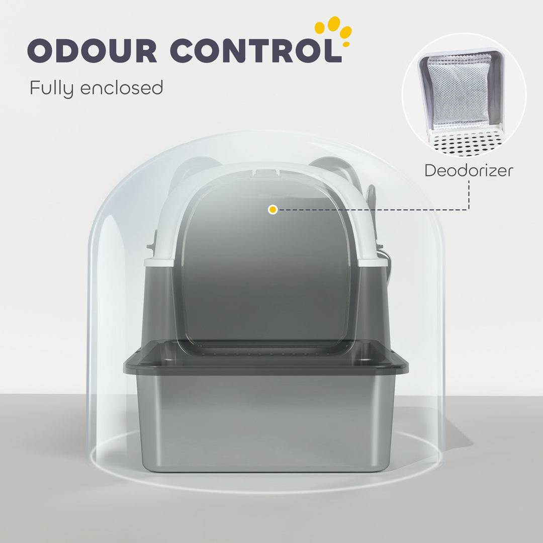 PawHut Panda Style XL Stainless Steel Cat Litter Box with Lid, Enclosed Kitty Litter Box with Scoop, 23.7" x 15.9" x 17.6"