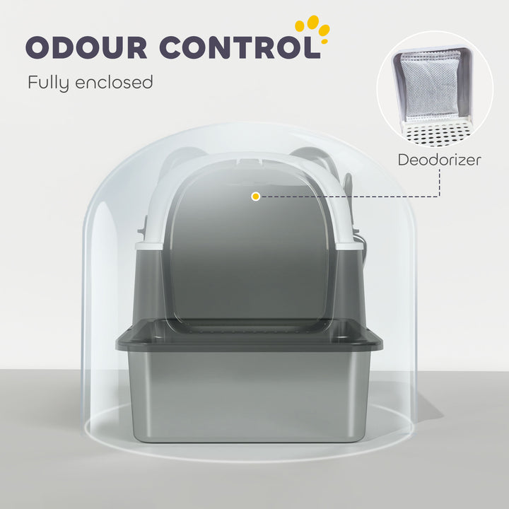 PawHut Panda Style XL Stainless Steel Cat Litter Box with Lid, Enclosed Kitty Litter Box with Scoop, 23.7" x 15.9" x 17.6"