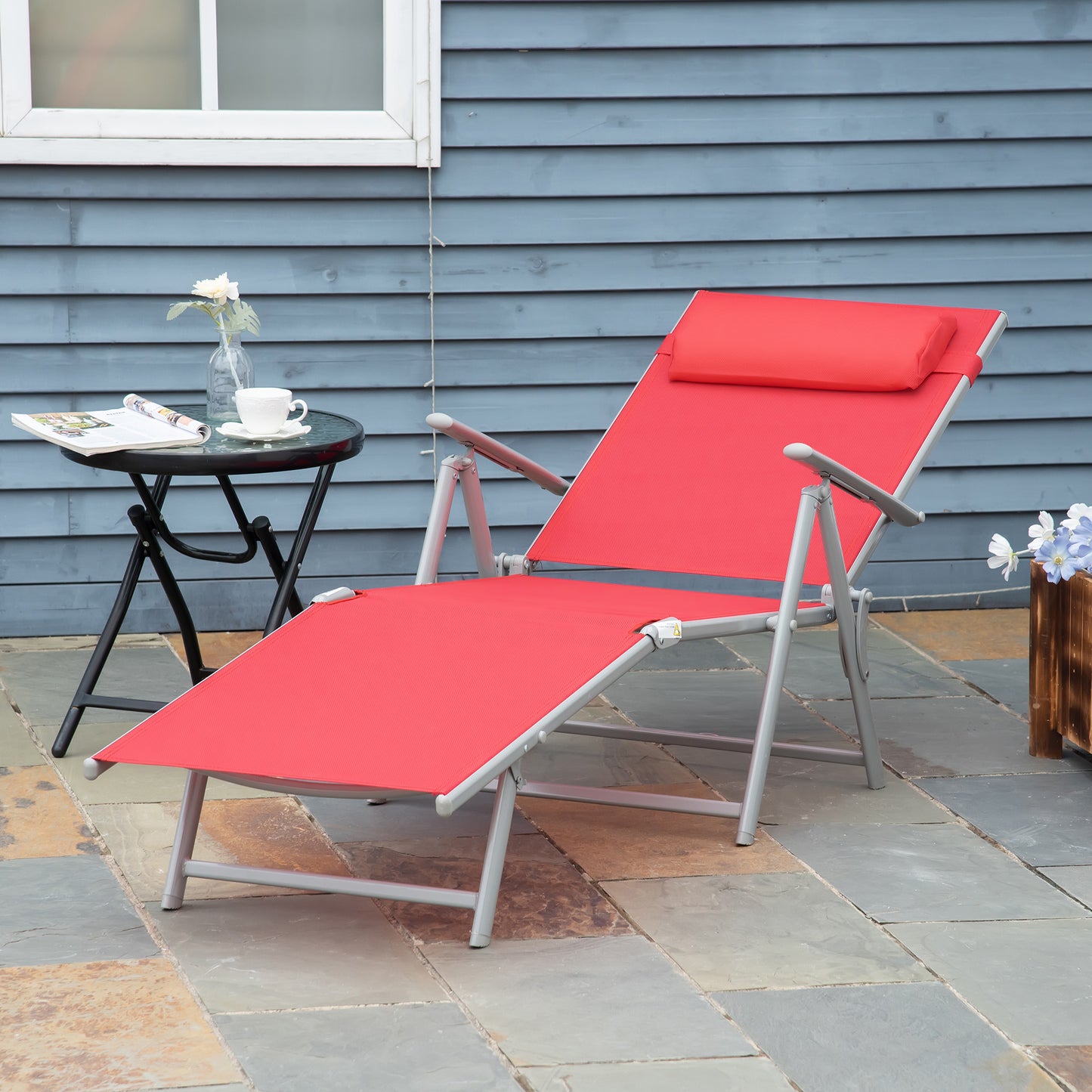 Outsunny Outdoor Folding Chaise Lounge Chair Steel Portable Recliner with 7 Adjustable Backrest Positions, Red