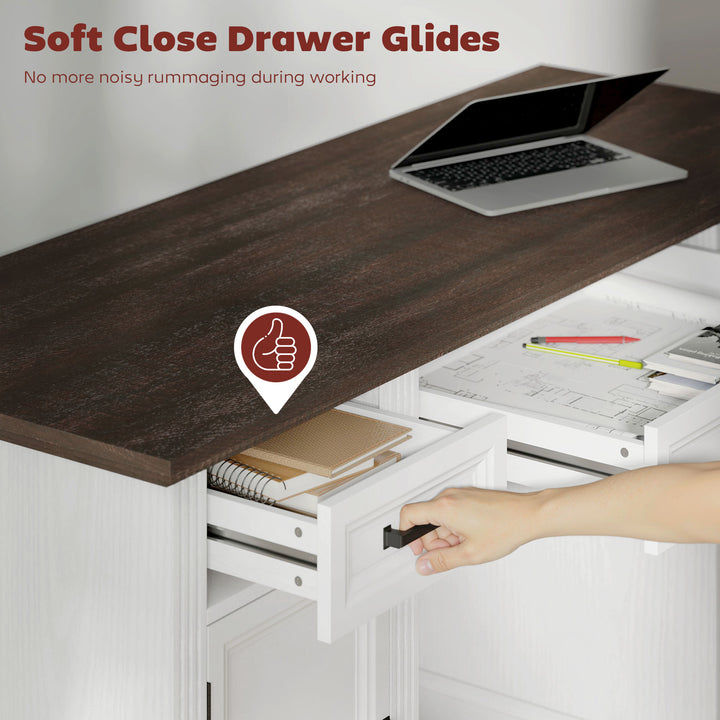 HOMCOM 58" Home Office Desk with Soft-Close Drawers, Farmhouse Executive Desk with File Drawer for Letter Size, White