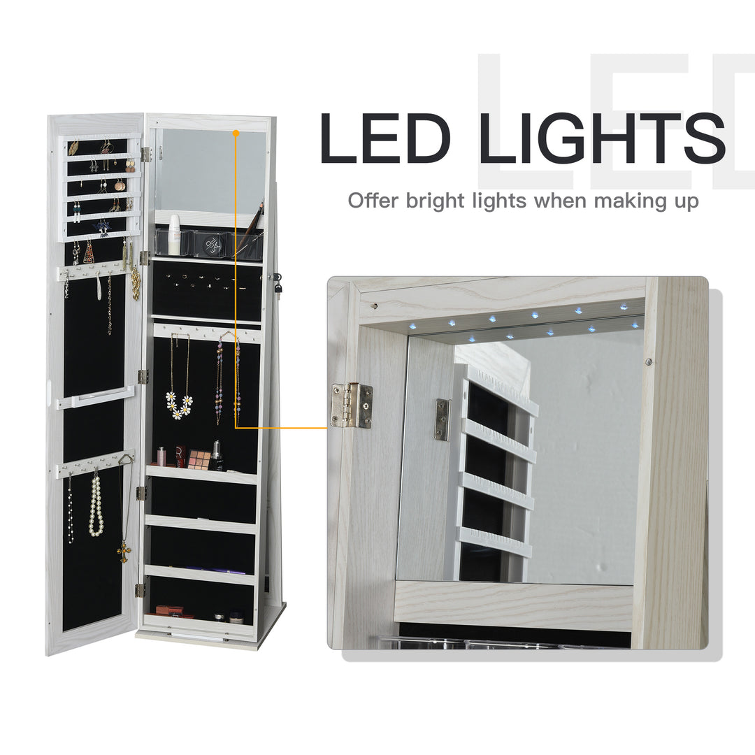 HOMCOM Mirror Jewellery Cabinet Armoire, Lockable Jewellery Organizer with Full-Length Mirror, LED Lights, Standing Jewellery Armoire in White Wood