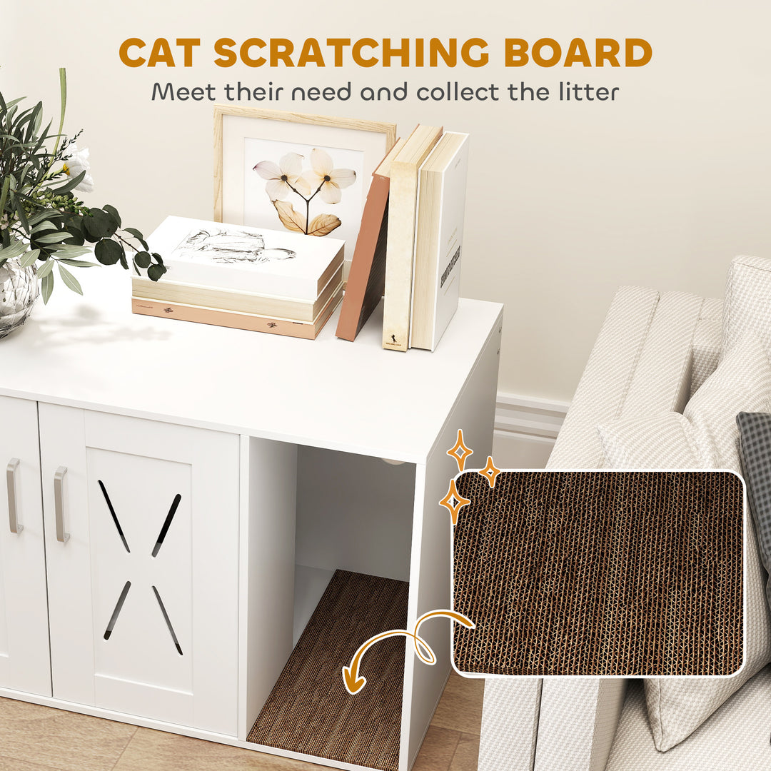PawHut Cat Litter Box Enclosure, Hidden Cat Litter Box Furniture with Scratching Board, 31.5" x 19" x 20", White