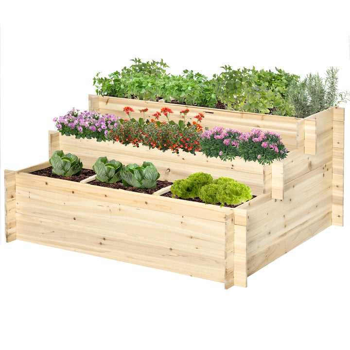Outsunny 3 Tier Raised Garden Bed with 9 Grow Grids and Bed Liner for Garden, Outdoor to Vegetables, Flowers, Natural