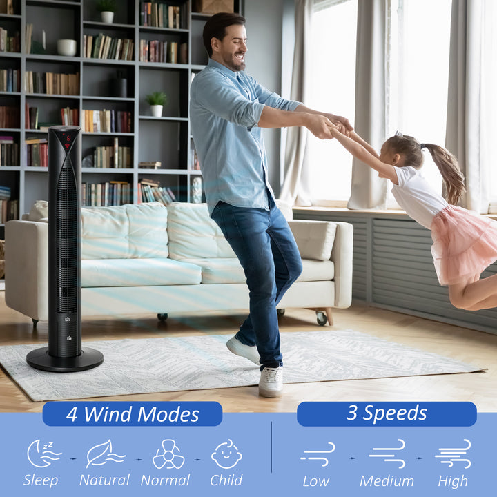 HOMCOM Freestanding Tower Fan Cooling for Home Bedroom with 3 Speed, 12h Timer, Oscillating, LED Sensor Panel, Remote Controller, White