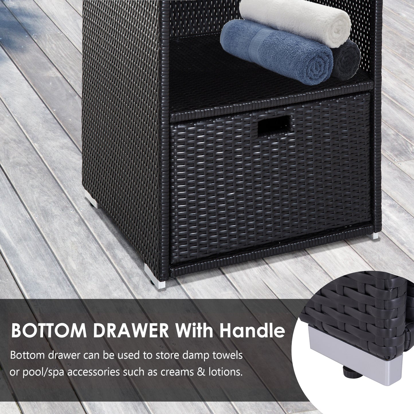 Outsunny Outdoor Storage Cabinet, Patio Storage Box Rack Rattan Wicker Pool Towel Valet Organizer Poolside Garden Lawn Bathroom Furniture Shelf w/ Shelf Drawer, Dark Brown