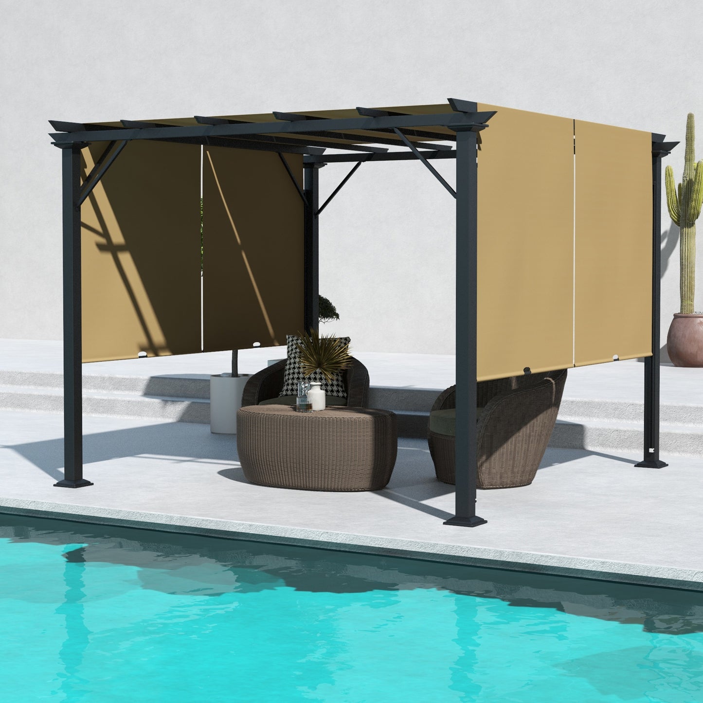 Outsunny 12' x 10' Outdoor Patio Gazebo Pergola with Retractable Canopy Roof, Steel Frame with Stakes, Unique Design, Beige