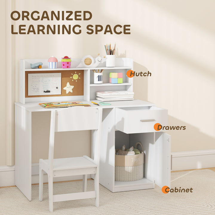 Qaba Kids Desk and Chair Set, Kids Study Table and Chair Set with Storage Hutch, Drawer, Cabinet, Compartments, Cork Board