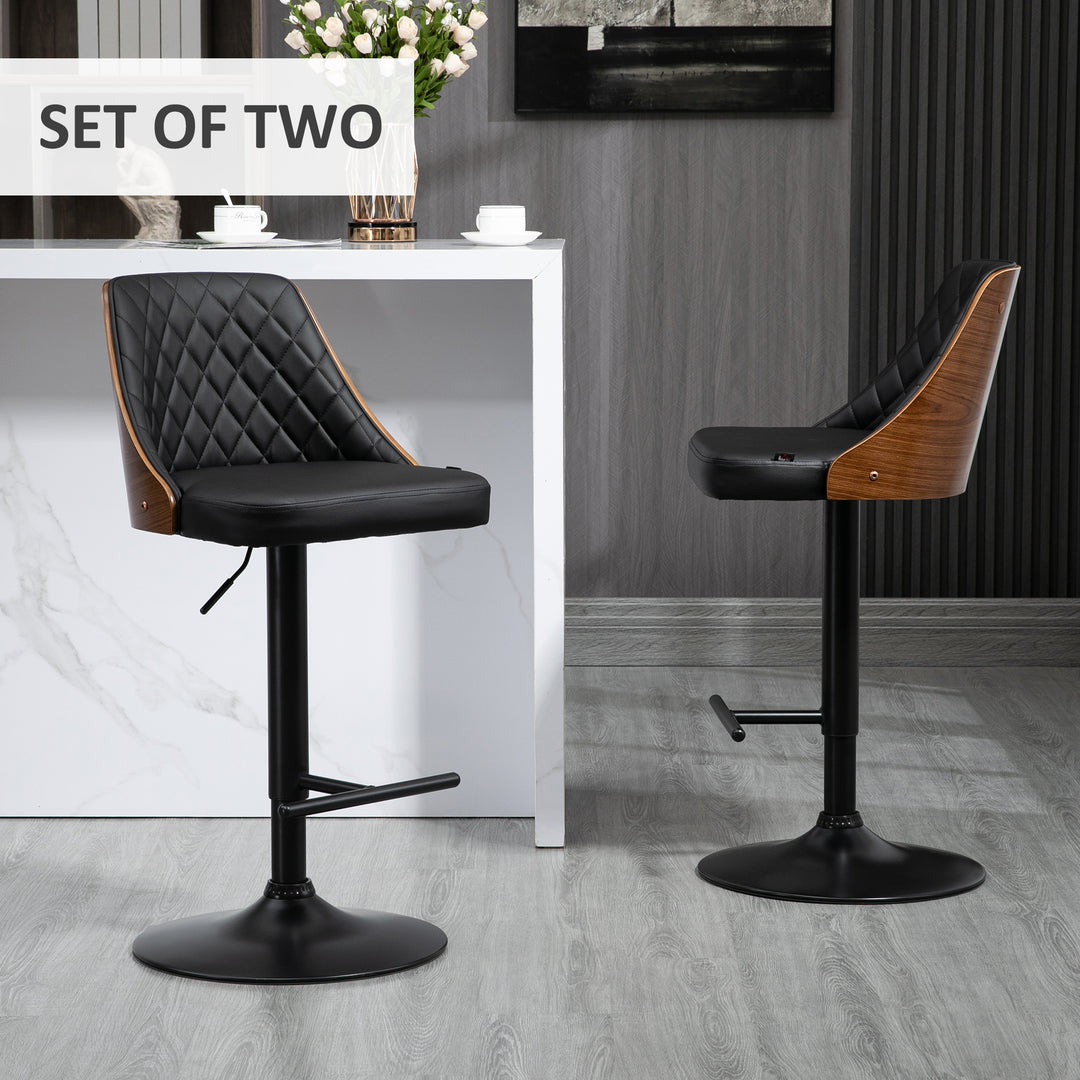 HOMCOM Modern Bar Stools PU Leather Set of 2 Swivel Bar Height Barstools Chairs with Adjustable Height, Round Heavy Metal Base and Footrest, Black