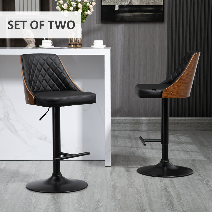HOMCOM Modern Bar Stools PU Leather Set of 2 Swivel Bar Height Barstools Chairs with Adjustable Height, Round Heavy Metal Base and Footrest, Black