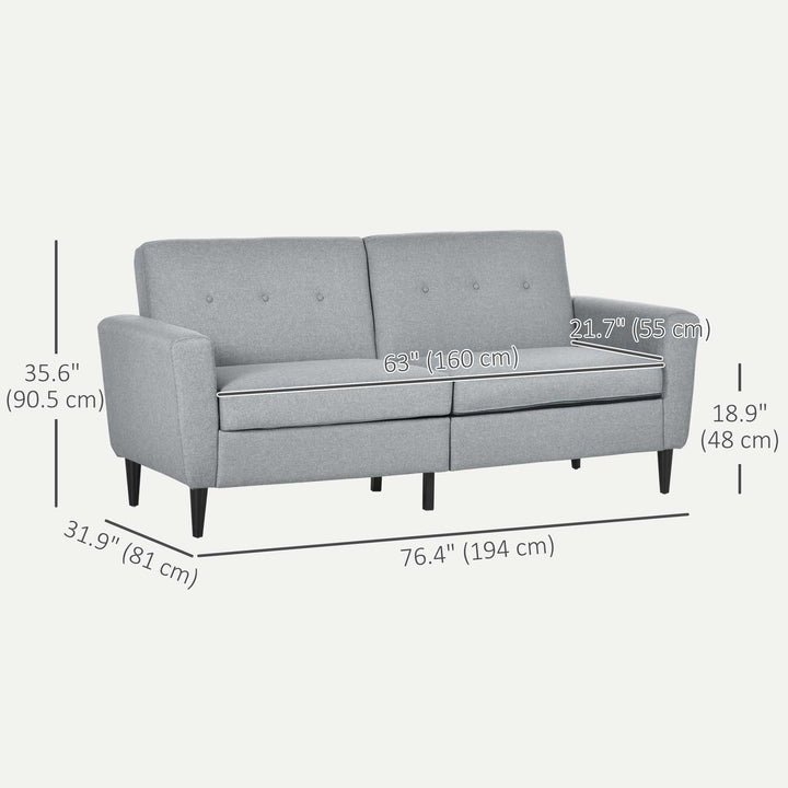 HOMCOM 3 Seater Sofa, Upholstered Couch for Bedroom, Modern Sofa Settee with Padded Cushion, Button Tufting and Wood Legs for Living Room, Grey