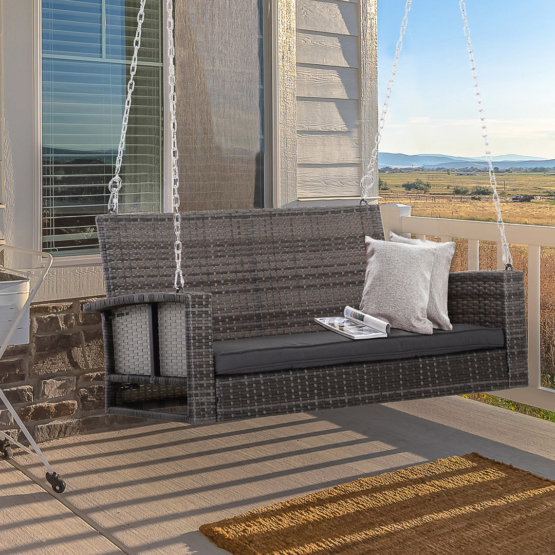 Outsunny 2-Person Patio Porch Swing Chair, Outdoor Rattan Hanging Bench with Cushion & 7.2 ft Steel Chains, Grey