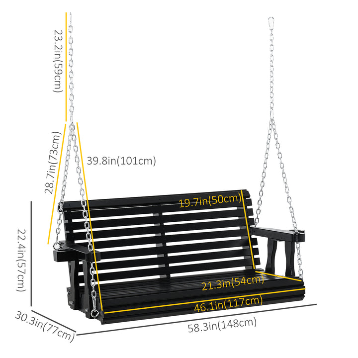 Outsunny 2 Seater Porch Swing Wooden Patio Swing Chair Seat with Cup Holder and Chains Outdoor Swing Bench for Garden Yard, Black