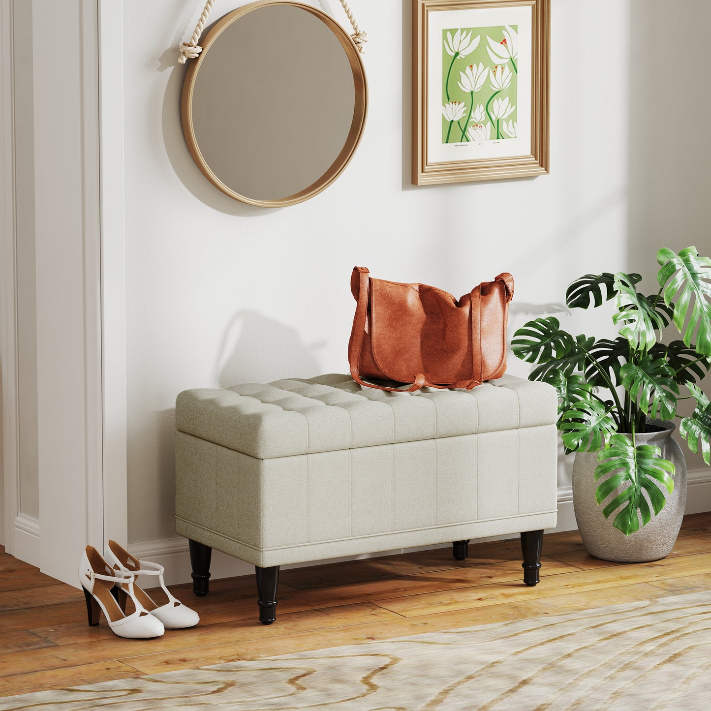 HOMCOM Storage Ottoman, Linen Fabric End of Bed Bench with Button Tufted Storage Bench for Bedroom, Grey