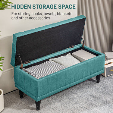 HOMCOM Storage Ottoman, Linen Fabric End of Bed Bench with Button Tufted Storage Bench for Bedroom, Green