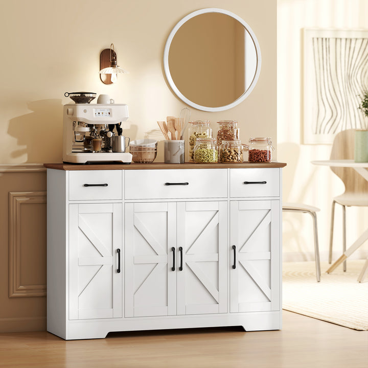 HOMCOM 47" Buffet Cabinet with Soft-Close Hinges, Farmhouse Sideboard with 3 Drawers, Adjustable Shelves and Spice Racks, White