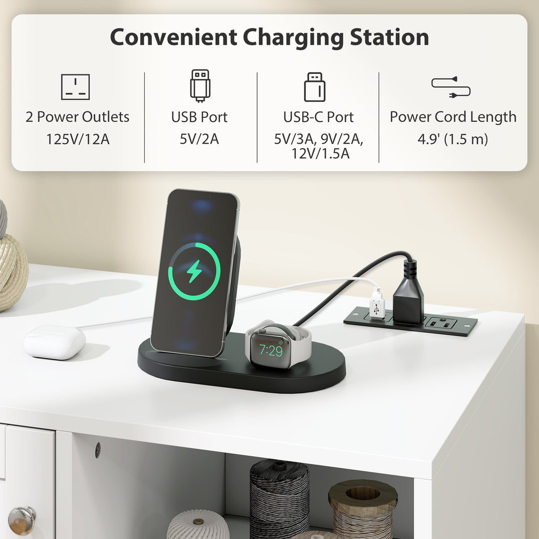 HOMCOM Rolling Sewing Machine Table with Power Outlet, Folding Craft Table with 2 Fabric Drawers, 2 Bins and 18 Pegs, White