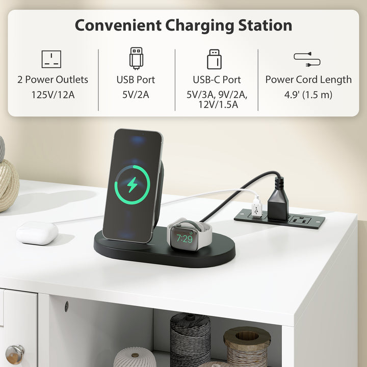 HOMCOM Rolling Sewing Machine Table with Power Outlet, Folding Craft Table with 2 Fabric Drawers, 2 Bins and 18 Pegs, White