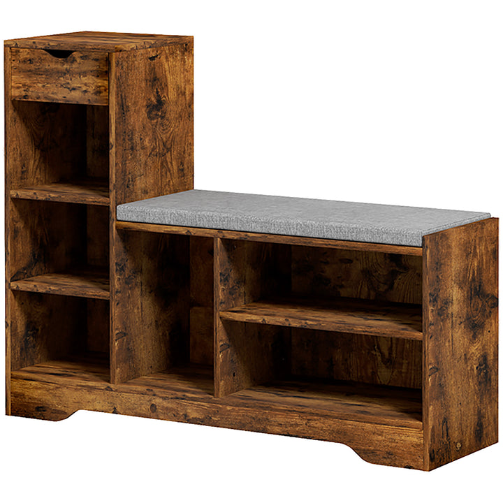 HOMCOM Upholstered Shoe Storage Bench w/ Seat, Entrance Bench w/ Drawer and 6 Open Shelves for Hallway, White