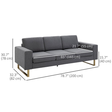 HOMCOM 3 Seater Sofa, Linen Upholstered Cozy Padded Couch with Steel Leg, Backrest and Wide Armrest, for Living room, Bedroom, Dark Grey