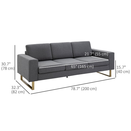 HOMCOM 3 Seater Sofa, Linen Upholstered Cozy Padded Couch with Steel Leg, Backrest and Wide Armrest, for Living room, Bedroom, Grey