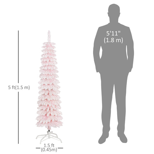 HOMCOM 5ft Snow-Flocked Artificial Christmas Tree, Slim Pencil Xmas Tree with 301 Realistic Branches, Metal Base, Pink