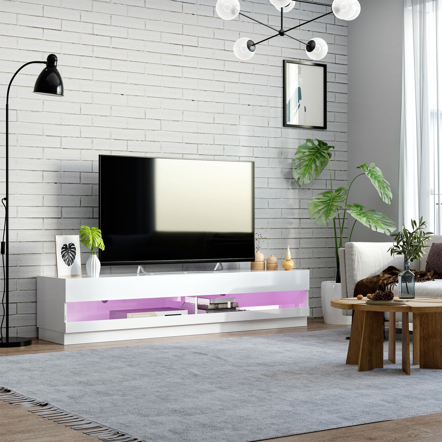 HOMCOM Lighted TV Stand for TVs up to 75", TV Cabinet with Storage for Living Room, High Gloss White