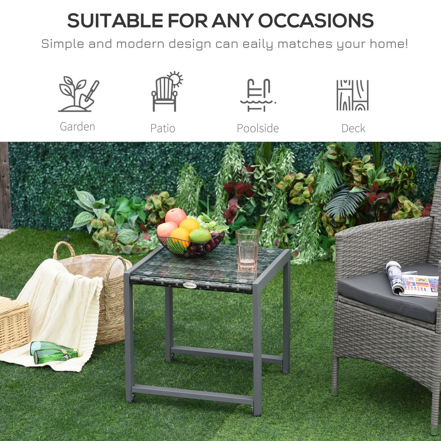 Outsunny Rattan Coffee Table, Wicker Patio Side Table with Tempered Glass Top and Aluminum Frame for Outdoor, Garden, Gray