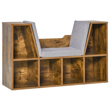HOMCOM 6-Cubby Bookcase with Seat Cushion, Cube Storage Shelf with Reading Nook for Home Office, Study, Rustic Brown