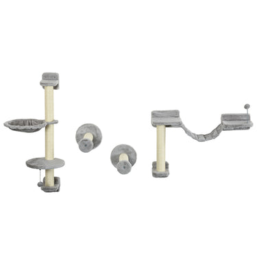 PawHut 4PCs Cat Wall Shelves with Hammock, Scratching Post, Ladder, Steps, Platforms, Toy Balls, Grey