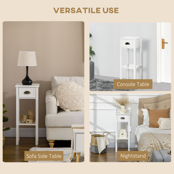 HOMCOM 2 Tier Side Table, Set of 2, Narrow Tall End Table with Drawer and Shelf, Slim Wooden Nightstand for Living Room, Bedroom, Hallway, White
