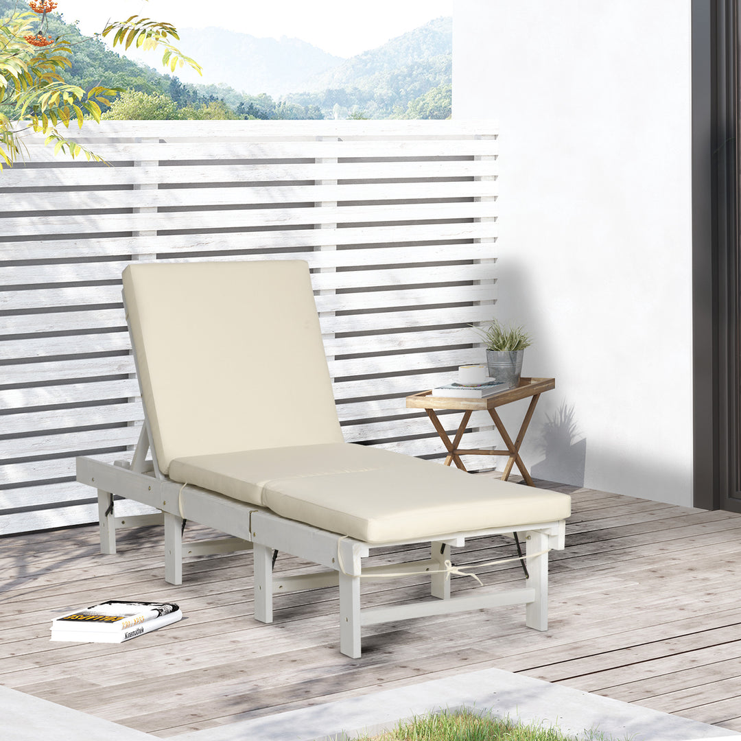 Outsunny Wooden Folding Chaise Lounge, Outdoor Chaise Lounge Chair, Garden Reclining Tanning Chair with 4 Adjustable Back Soft Cushions, White