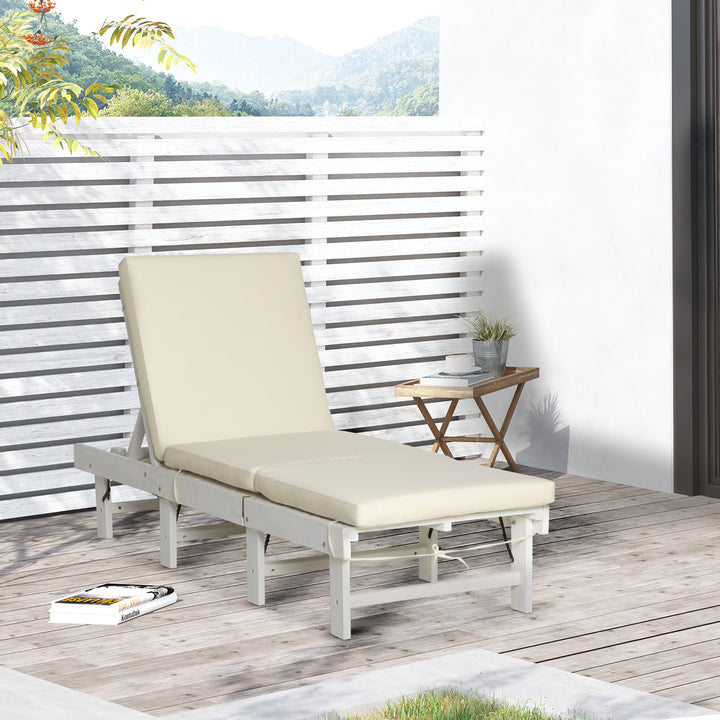Outsunny Wooden Folding Chaise Lounge, Outdoor Chaise Lounge Chair, Garden Reclining Tanning Chair with 4 Adjustable Back Soft Cushions, White