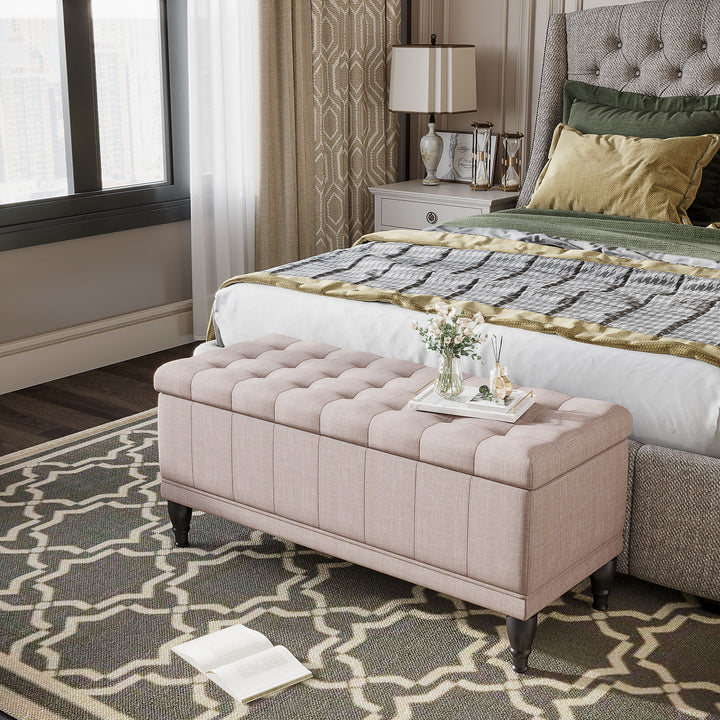 HOMCOM Storage Ottoman, Linen Fabric End of Bed Bench with Soft Close Lid, Button Tufted Storage Bench for Living Room, Entryway or Bedroom, 42" x 17" x 19", Beige