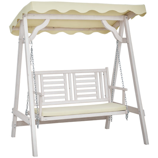 Outsunny 2 Seater Patio Swing with Stand, Canopy and Cushion, Outdoor Swing Chair Wooden Swinging Bench