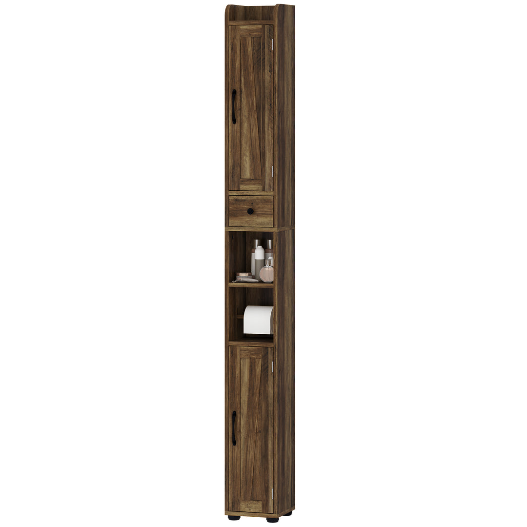 HOMCOM Narrow Bathroom Cabinet, Tall Bathroom Storage Cabinet with Barn Doors, Drawer and Adjustable Shelves, Brown Wood Grain