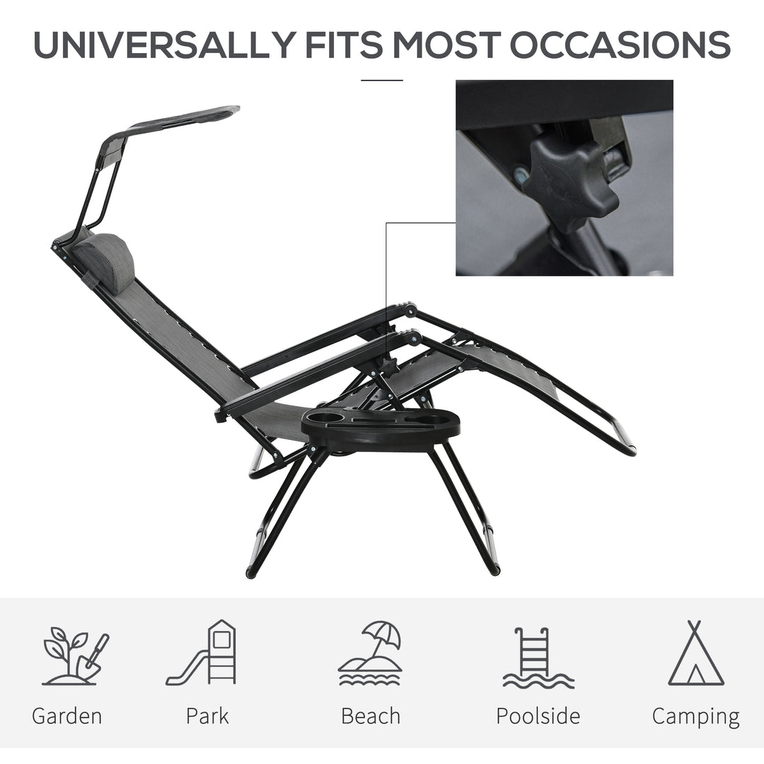 Outsunny 2 Piece Foldable Lounge Chair with Canopy Shade, Outdoor Zero Gravity Chair w/ Side Tray & Cup Holder, Reclining Lounger w/ Breathable Mesh Fabric Seat, Pillow, Blue