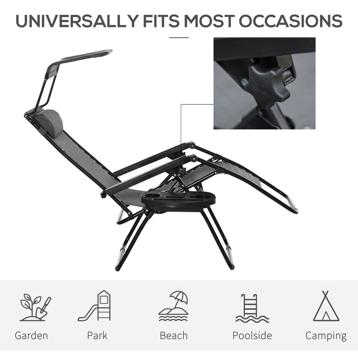 Outsunny 2 Piece Foldable Lounge Chair with Canopy Shade, Outdoor Zero Gravity Chair w/ Side Tray & Cup Holder, Reclining Lounger w/ Breathable Mesh Fabric Seat, Pillow, Blue