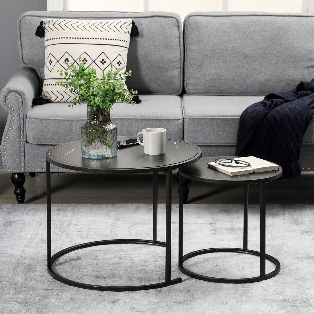 HOMCOM Round Nesting Coffee Table Set of 2, Stacking Modern Accent Tables with Faux Marble Tabletop and Metal Frame for Living Room, Black