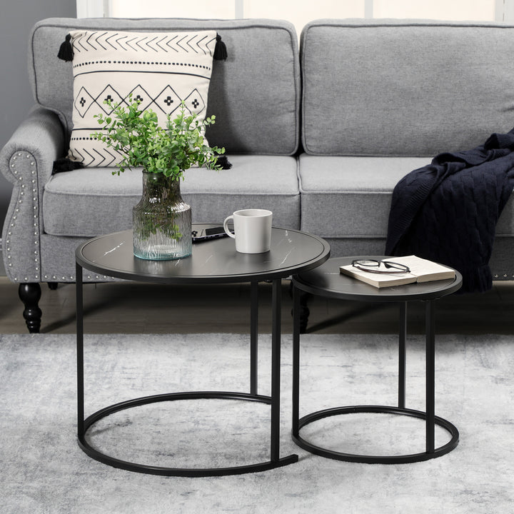 HOMCOM Round Nesting Coffee Table Set of 2, Stacking Modern Accent Tables with Faux Marble Tabletop and Metal Frame for Living Room, Black