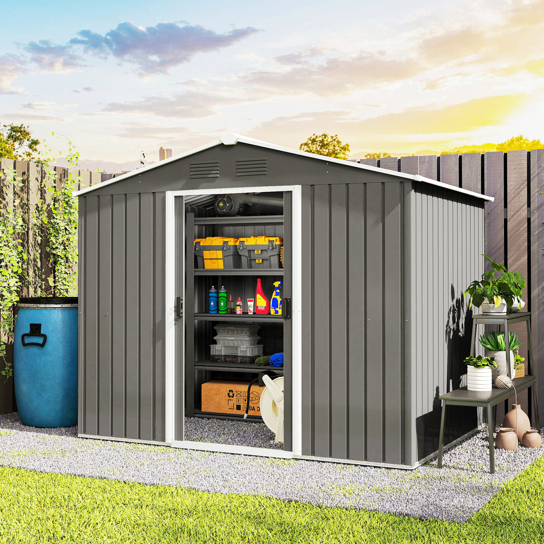 Outsunny 8' x 6' Outdoor Storage Shed, Metal Garden Tool Storage House with Lockable Sliding Doors and Vents for Backyard Patio Lawn, Light Grey