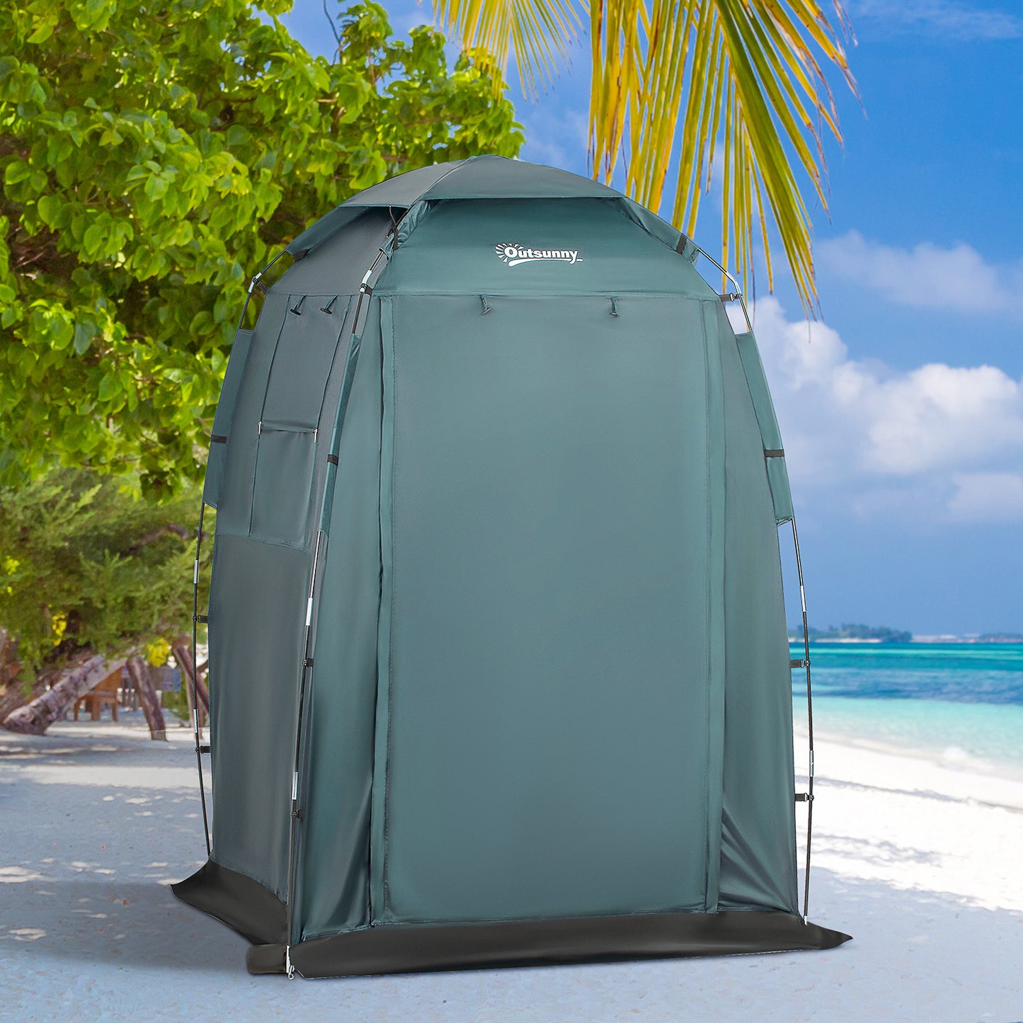 Outsunny 60" x 60" x 82" Shower Tent Extra Wide Changing Room Privacy Portable Camping Shelters with Windows & Floor Mat, Green