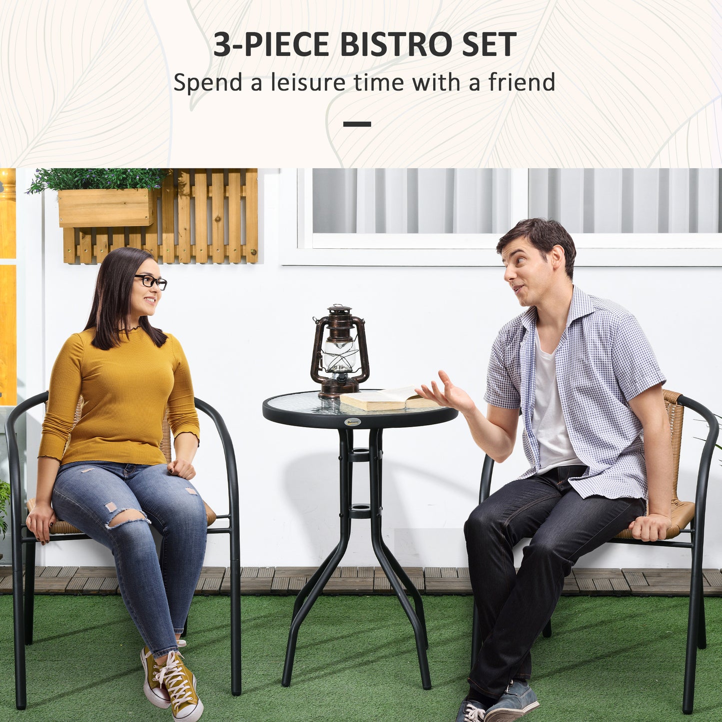Outsunny 3 Pieces Outdoor Wicker Furniture Set with 2 Stackable Chairs, Tempered Glass Coffee Table for Garden, Backyard, Black