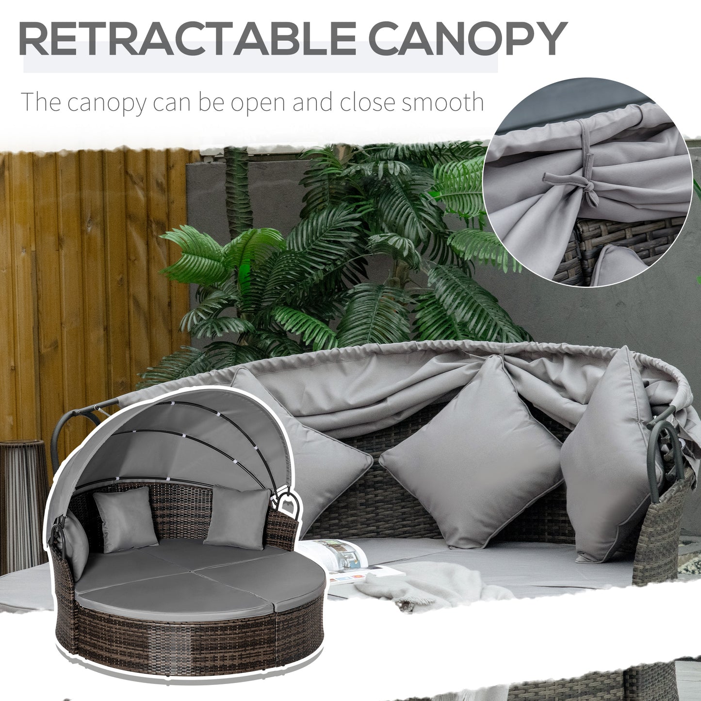 Outsunny 2 Pcs Rattan Outdoor Daybed with Retractable Canopy, Wicker Round Patio Daybed Set with Cushions & Pillows, Mixed Grey