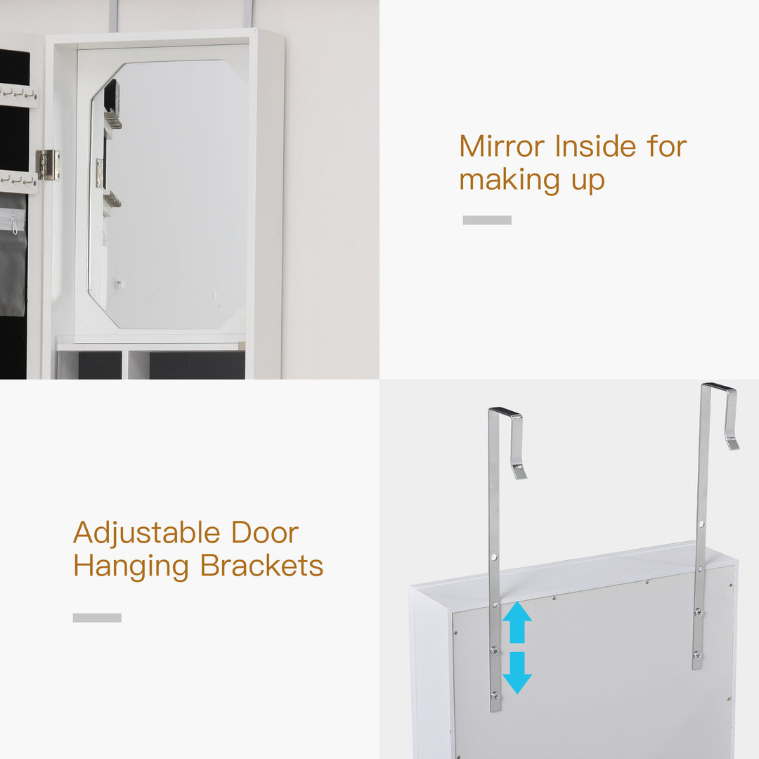 HOMCOM Mirror Jewellery Cabinet Armoire, Jewellery Organizer with 18 LED Lights, Wall-Mounted and Over-The-Door Cabinet with 3 Mountable Heights, Drawer and Open Shelf, White